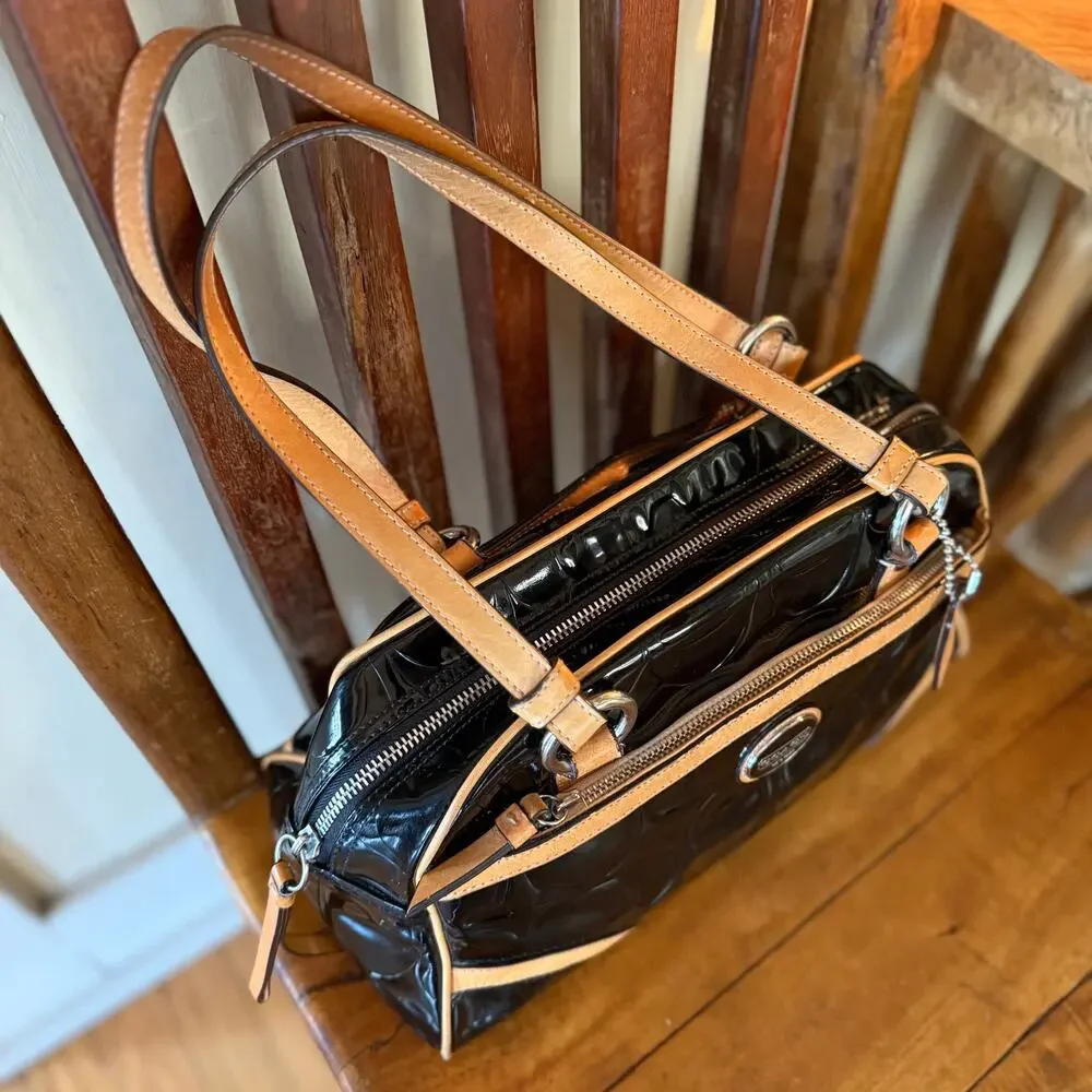 Coach Peyton Signature Embossed Patent Leather Satchel Black/Tan